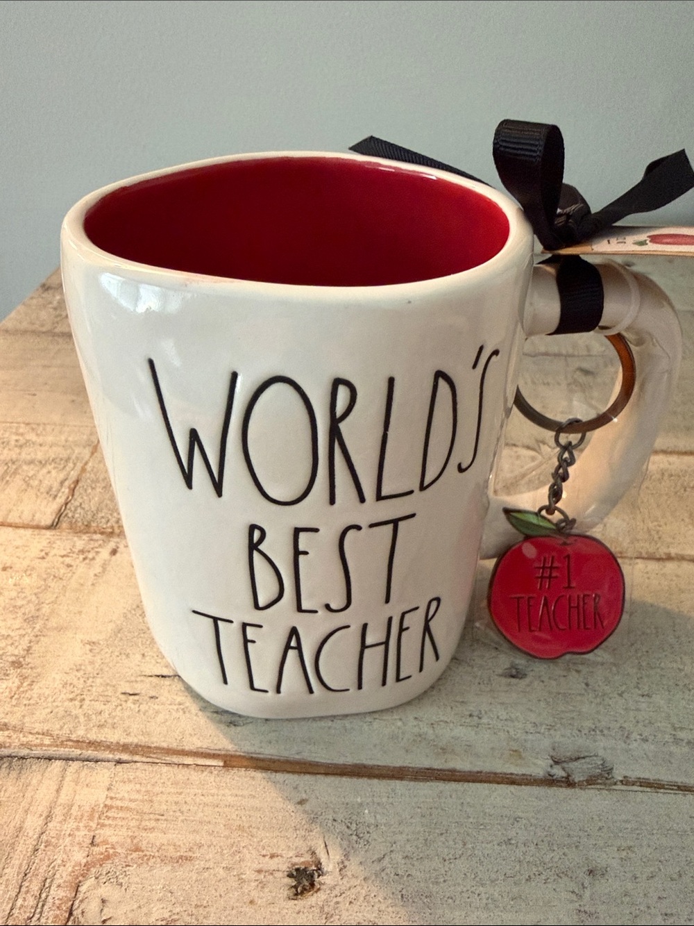 Rae Dunn White Mug with Red Interior and Apple Keychain